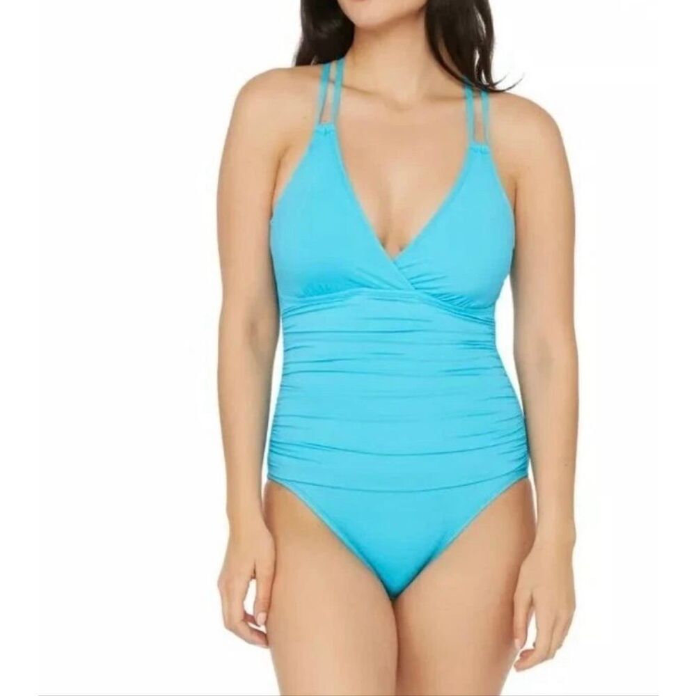 La Blanca Island Goddess One Piece Swimsuit Turquiose Ruched Crossback Sz 16